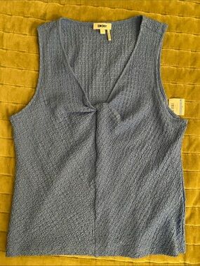 DKNY Light Blue Textured Twist-Front Tank